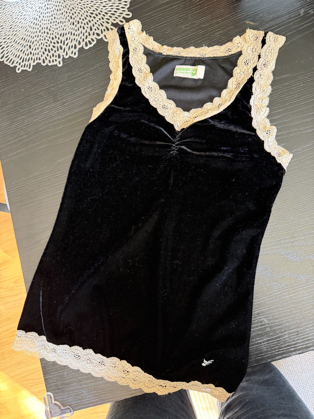 Black Velvet top with Cream Lace Trim